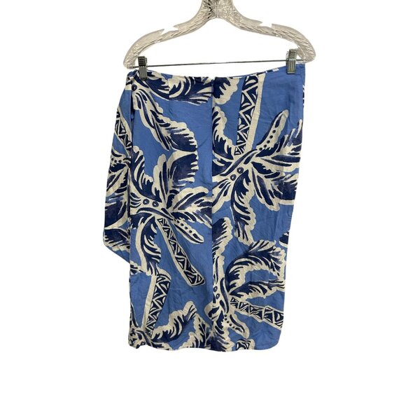 H&M Blue White Palm Leaf Print Wrap Skirt Linen Blend Womens Size Medium - Picture 2 of 7